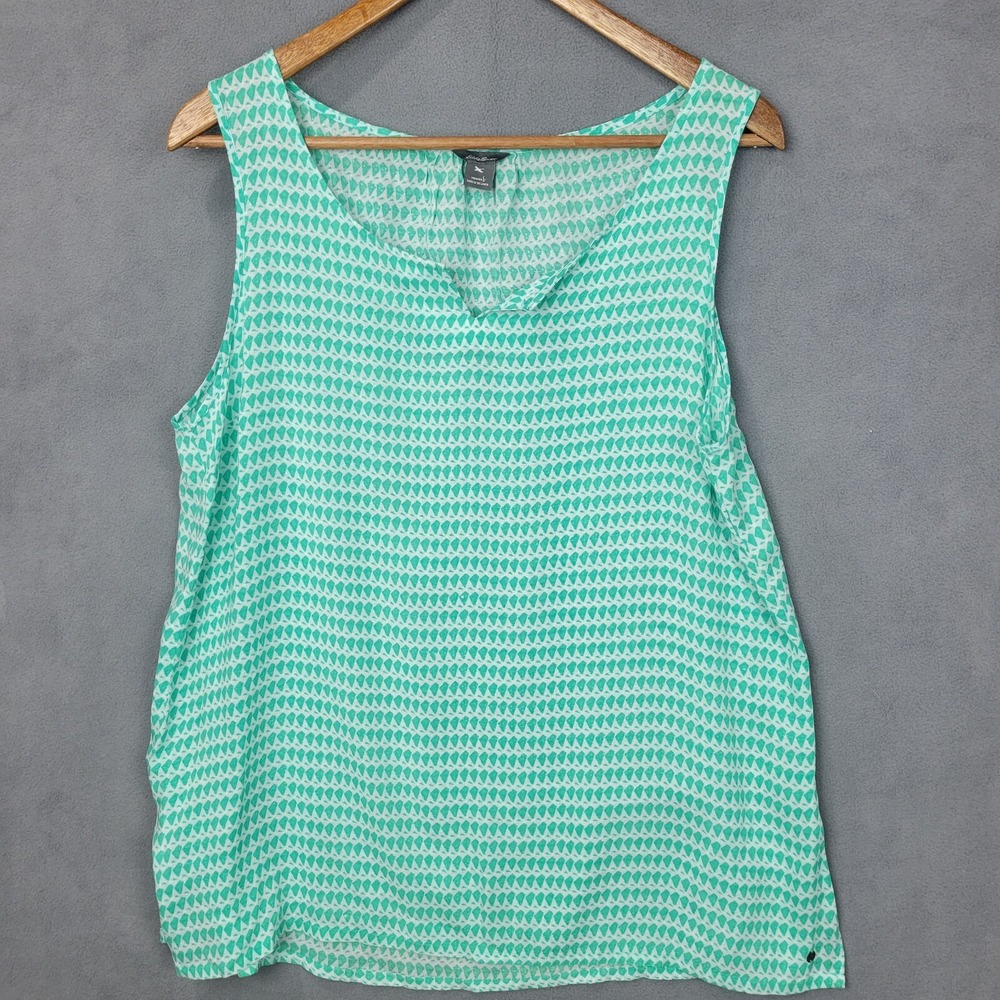 Eddie Bauer Tank Top Women's Large Green White Geometric 100% Rayon Split Neck‎